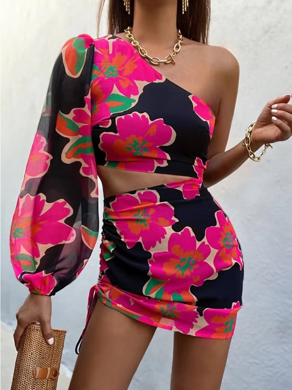 Runaway The Label - Angel One Shoulder Dress in Pink Floral